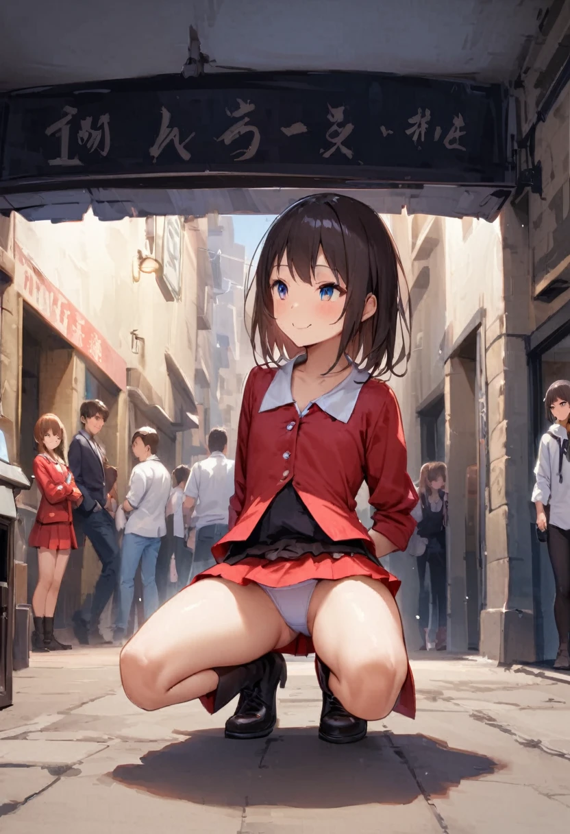 spread legs with squatting pose、M-shaped legs、Spread your legs、Sit on the ground、I'm looking away、In town、bustling street、Panties、mini skirt、Private Server、Girl、Girl、Younger、、flat chest、Dynamic Angle、smile、Both eyes open、Voyeur style、ground