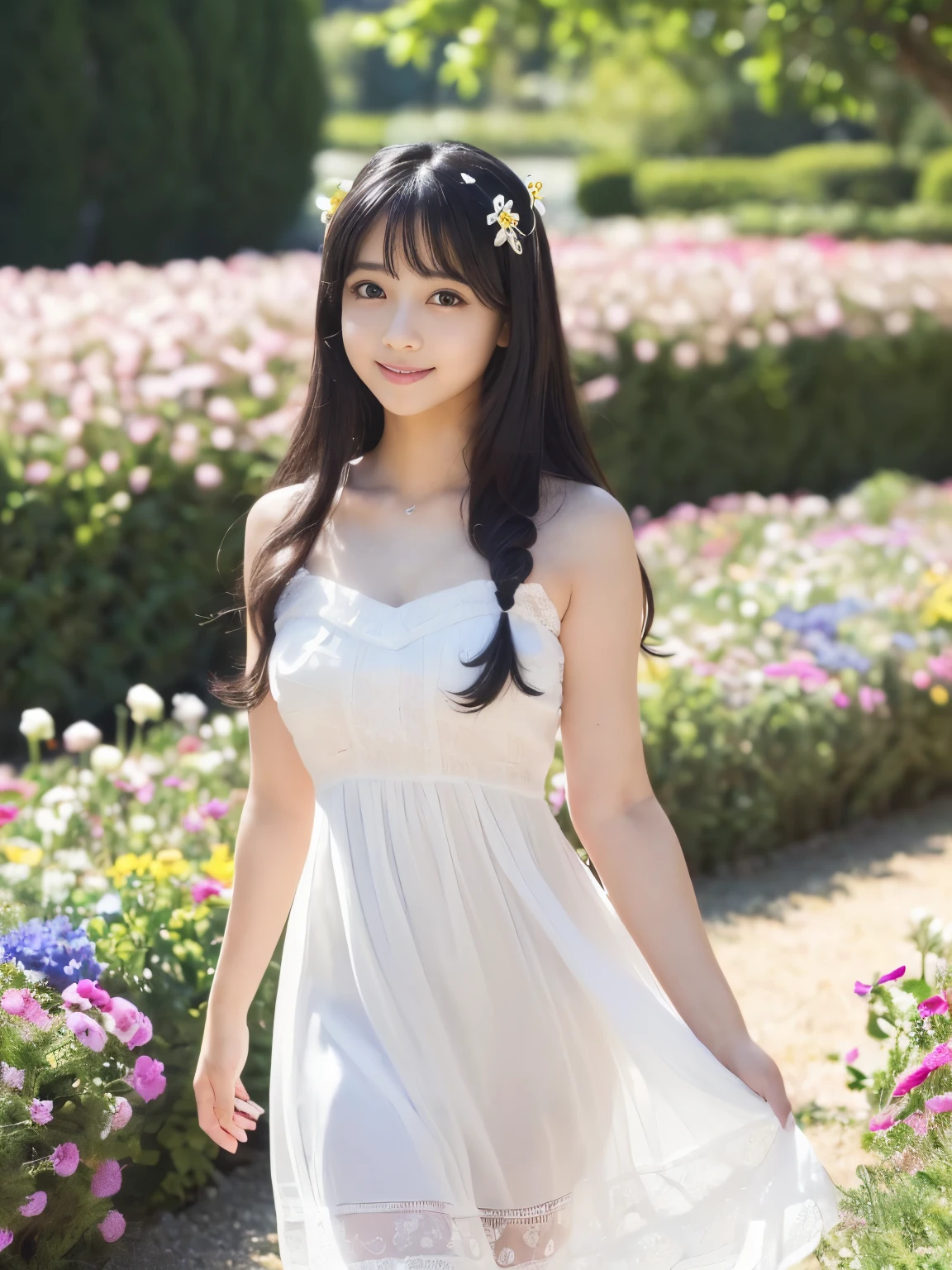 (Best-quality, Masterpiece, Ultra-High-Resolution, (Photorealistic:1.4), Raw Photo, depth of field, professional lighting, perfect anatomy, extremely details), 1girl, the most famous Japanese idol, ((extremely cute face like the most popular Japanese idol, ((extremely cute and extremely big black-eyes)), extremely beautiful black-hair), ((((extremely realistic and extremely beautiful skins)))), extremely cute long-eyelashes, extremely cute lips), extremely childish body, ((innocent smile)), (wearing white long summer-dress with cute-design), (((walking down at extremely-beautiful flower-garden, detailed white-long-summer-dress-with-cute-design, (detailed extremely-beautiful-flower-garden))))
