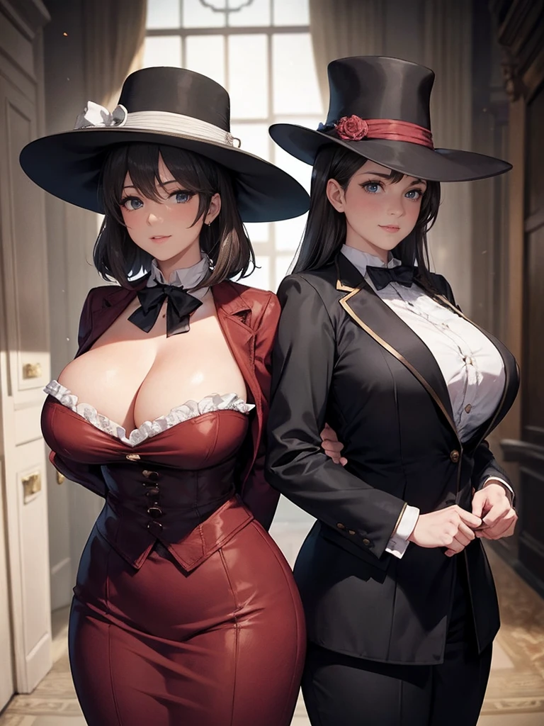 Sherlock Holmes lady & Watson lady: Two ladies dive into the world of deduction and adventure, infiltrating the hideout of villains. Baker Street, London,Sherlock lady with huge breasts, dressed in a check patern brown frock coat and check patern hat, stands side by side with Watson lady with huge huge huge breasts, wearing a white formal suit. Gentle elegance and wild smile amidst wind-blown mist, as they ponder mystery's secrets. Real faces, real bodies, and a real background of Victorian-era London, set the tone for a masterpiece.
