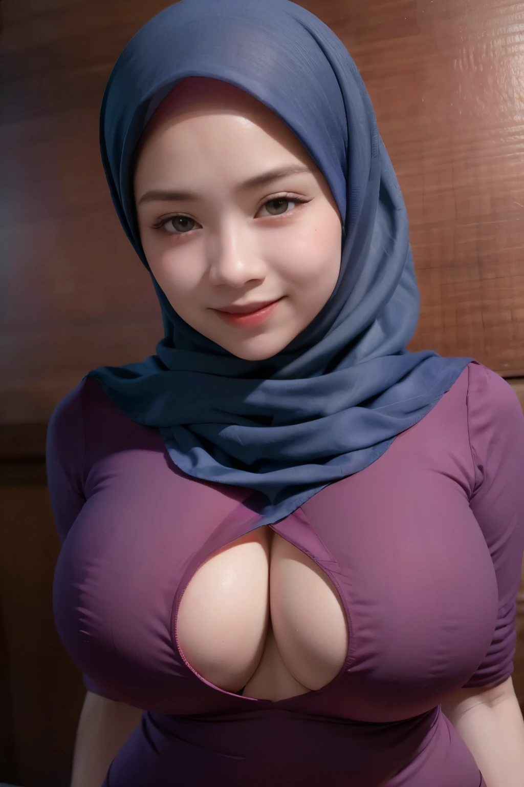 adorable, 1 girl, (face to face), ************, *********, happy, half body portrait, (face details: 1), (eye details: 1), ((big breasts)). wearing light blue long shirt, hijab, .. Cute posed. proportional body. Ultra High Res. realistic: 1.4, UHD