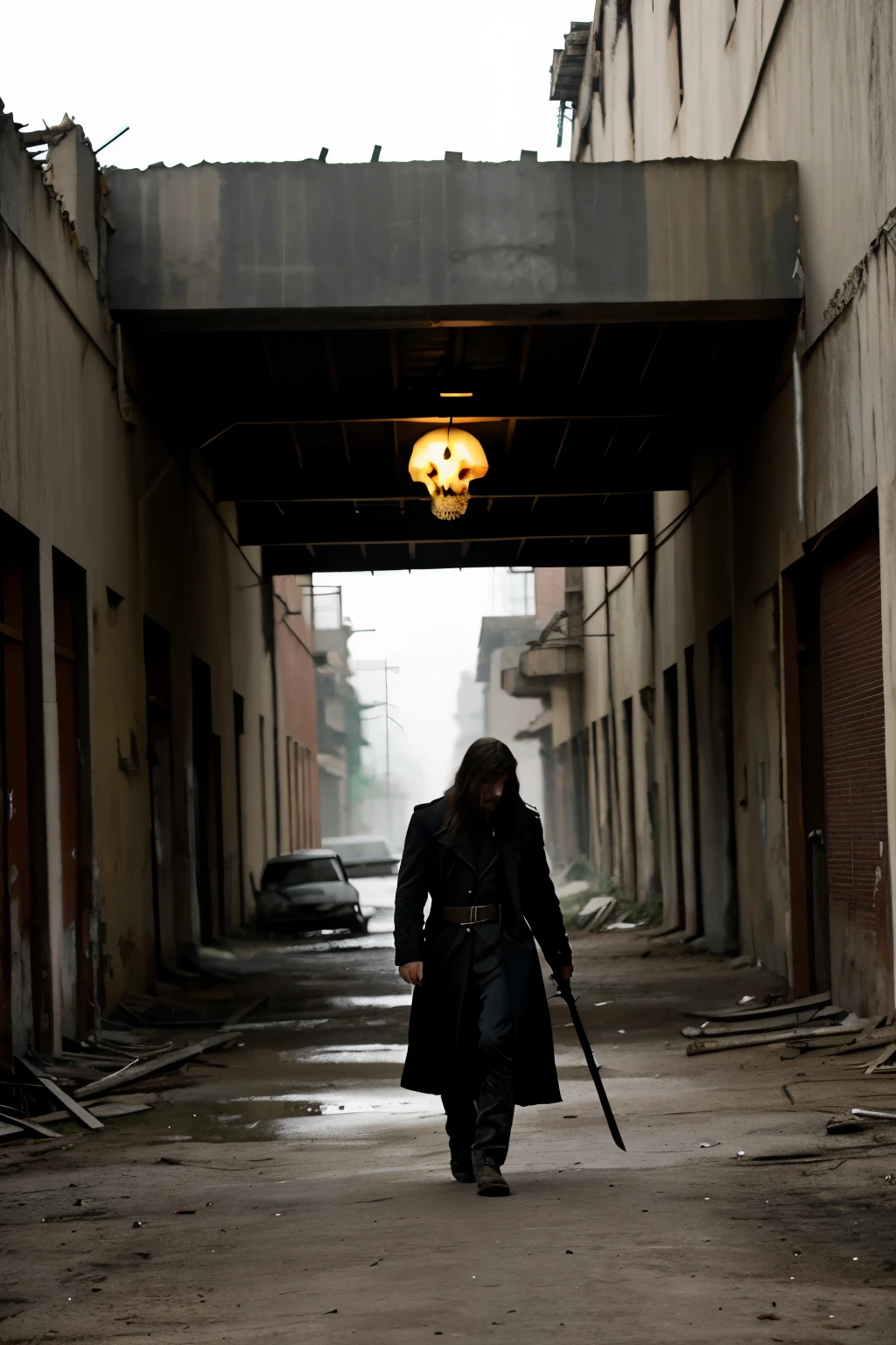 I'd like to create an image with a long-haired man wearing a trenchcoat and carrying a sword on his shoulder. He's also holding an automatic rifle or machine gun. In the background, there are dilapidated buildings, creating a desolate atmosphere. At his feet, there's a vampire skull, adding to the scene's eerie vibe, set in what appears to be a school environment.