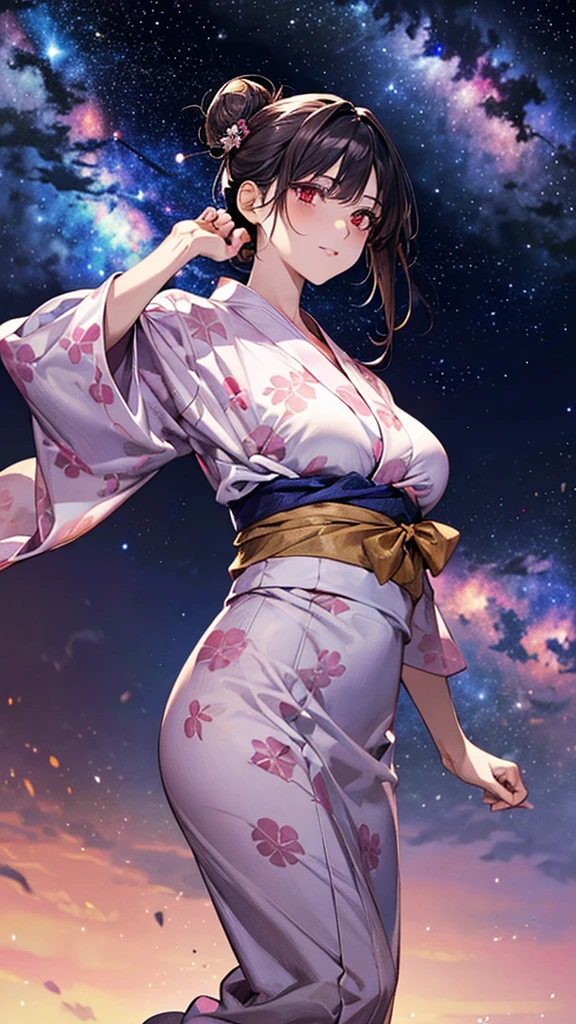 ((Highest quality)), ((High resolution)), ((masterpiece)), (detailed), (From below:1.1), (Zoom out:1.1),
Written boundary depth, Anatomically correct, One Mature Woman, Perfect Face, profile, Shiny skin,
(Long Hair:1.5, Half-up hairstyle, Hair Bun), Red eyes, Long eyelashes, (Big Breasts:0.9),
Beautiful Hair, Beautiful Face, Beautiful details, Beautiful clavicle, Beautiful body, Beautiful breasts, Beautiful feet, (Put one hand above your head),
(Pink Yukata, White Band),
(Beautiful views), Starry Sky, nebula, milky way,