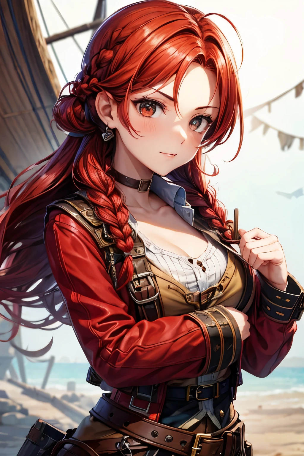 Red hair, braided hairstyle, brown eyes, girl, pirate