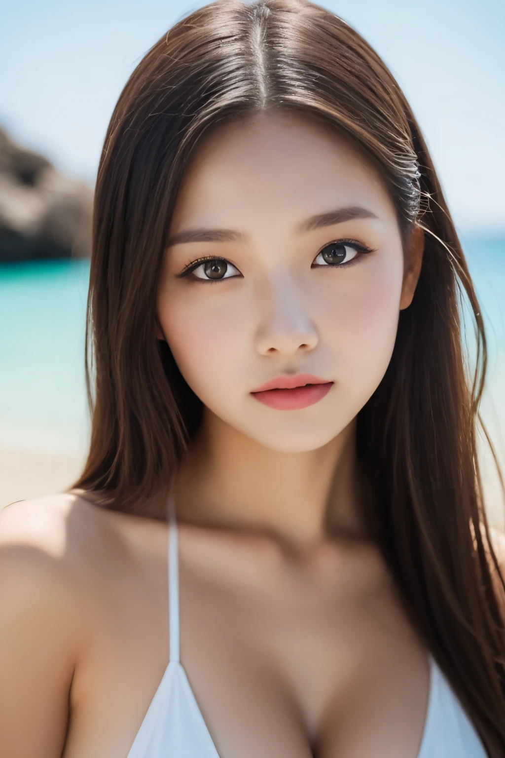 Girls in bikinis enjoying the beach in the sunshine. Her beautiful and delicate eyes and lips make her look attractive.. This work was created using photorealistic techniques., Capture every detail of her face and body. High-resolution images are、It expresses the vibrant colors and crystal clear water of the surroundings.。. The lighting is perfect, The sunlight casts a warm glow on the scene.. The artwork style is influenced by the Urzan 6500, Add more charm and beauty to girls. whole, This masterpiece is the ultimate combination of quality, realism, Ulzzang 6500 Style Touch, Delivering a captivating visual experience.