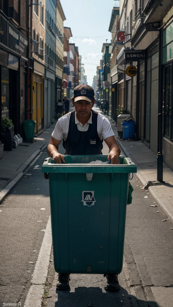  8k, RAW photo, best quality, masterpiece,realistic, photo-realistic, Create an AI-generated image depicting a garbage collector working in a city environment, emptying bins and keeping streets clean.