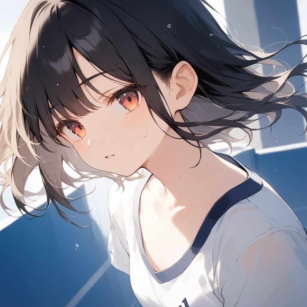 score_9, score_8_up, score_7_up, source_anime, best quality, masterpiece, official art, absurdres, highres, ultra-detailed,waifu2x,Collection: Slice of Life,break,1girl, 15-year-old, short hair, black hair, small breasts,  beautiful detailed eyes, well-proportioned iris and pupils, parted lips, beautiful detailed lips, gym uniform, byke shorts, sweat, expressionless, sleepily, School ground, outdoors, wind, break,(clear line illustration:1.2),very high resolution, very aesthetic, super detailed skin, Best cinematic lighting powered by famous artist, 8k, beauty illustration,photoshop_(medium),,(Detailed Lighting),best anime 8k konachan wallpaper, pixiv contest winner, 