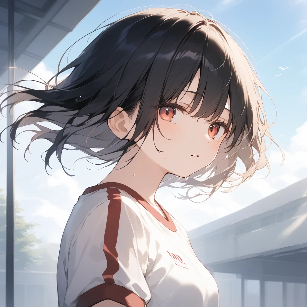 score_9, score_8_up, score_7_up, source_anime, best quality, masterpiece, official art, absurdres, highres, ultra-detailed,waifu2x,Collection: Slice of Life,break,1girl, 15-year-old, short hair, black hair, small breasts,  beautiful detailed eyes, well-proportioned iris and pupils, parted lips, beautiful detailed lips, gym uniform, byke shorts, sweat, expressionless, sleepily, School ground, outdoors, wind, break,(clear line illustration:1.2),very high resolution, very aesthetic, super detailed skin, Best cinematic lighting powered by famous artist, 8k, beauty illustration,photoshop_(medium),,(Detailed Lighting),best anime 8k konachan wallpaper, pixiv contest winner, 