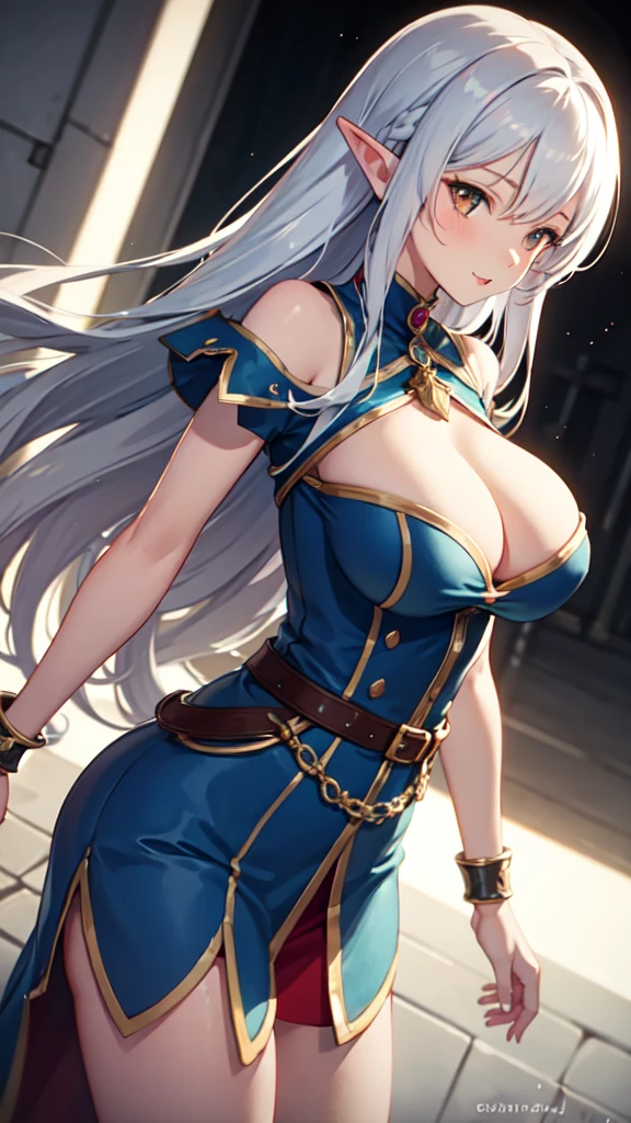 cute, lovely, beautiful, dynamic angle, 1 elf girl, solo, 1woman, big breasts, long hair, silver hair, brown eyes,