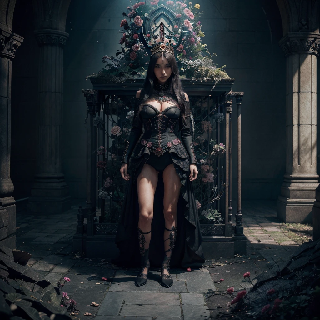 (female skull demon king), with crown, (standing alone:1.5), (conceptual artwork), (portraite), (por Casey Weldon, Olga Kvasha, Miho Hirano), hyper-detailed and intricately detailed gothic art, triadic color trends Artstation detailed matte painting, deep color, Fantastic, intricate-detail, opening screen, colors complementary, fantasy conceptual artwork, 8k resolution, masterpiece of gothic deviantart, perfect lighting, perfect shading, volumetric lighting, underground dispersal, comely, splendid, marvelous, atmospheric, (photorrealistic:1.6), (centred) ,flowers_styled,