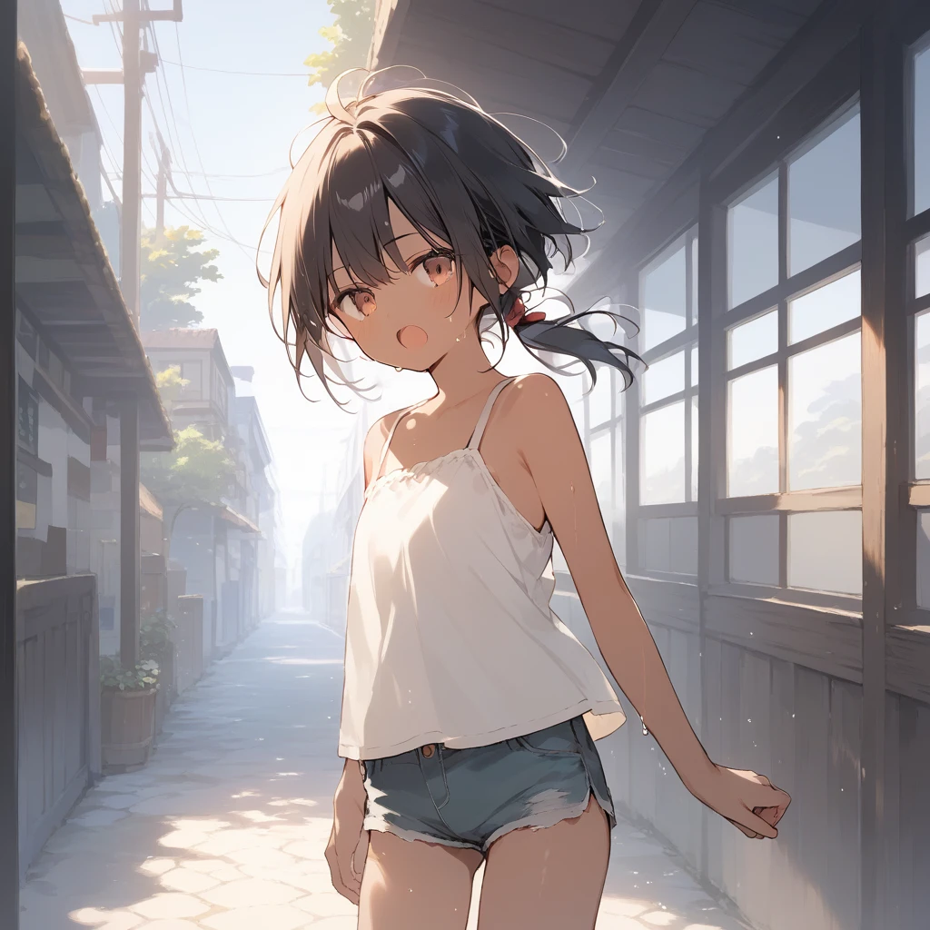 score_9, score_8_up, score_7_up, source_anime, best quality, masterpiece, official art, absurdres, highres, ultra-detailed,waifu2x,Collection: Slice of Life,break,1girl, tomboy, dark-skinned female, short hair, low ponytail, flat chest, beautiful detailed eyes, short shorts, sweat, open mouth, (yawn:0.3), sleepily, outdoors, wind, break,(clear line illustration:1.2),very high resolution, very aesthetic, super detailed skin, Best sexual lighting powered by famous artist, 8k,cute picture,beauty illustration,photoshop_(medium),,(Detailed Lighting),best anime 8k konachan wallpaper, pixiv contest winner,