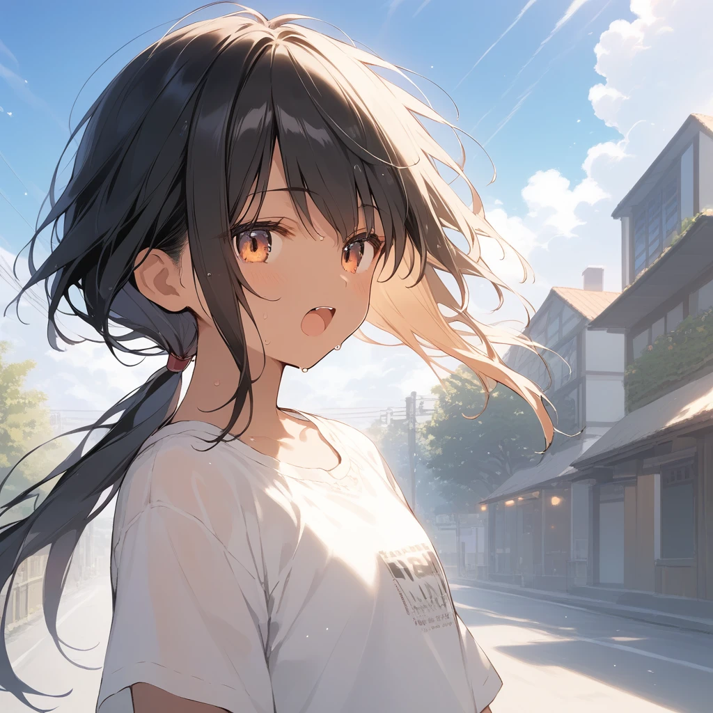 score_9, score_8_up, score_7_up, source_anime, best quality, masterpiece, official art, absurdres, highres, ultra-detailed,waifu2x,Collection: Slice of Life,break,1girl, tomboy, dark-skinned female, short hair, low ponytail, flat chest, beautiful detailed eyes, short shorts, sweat, open mouth, (yawn:0.3), sleepily, outdoors, wind, break,(clear line illustration:1.2),very high resolution, very aesthetic, super detailed skin, Best sexual lighting powered by famous artist, 8k,cute picture,beauty illustration,photoshop_(medium),,(Detailed Lighting),best anime 8k konachan wallpaper, pixiv contest winner,