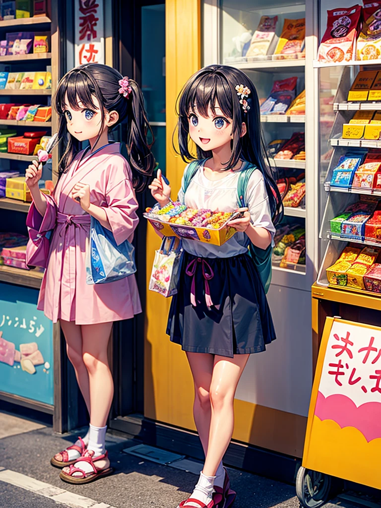 Highest quality,Highest Resolution,Children buying sweets at a Japanese candy store during summer vacation,