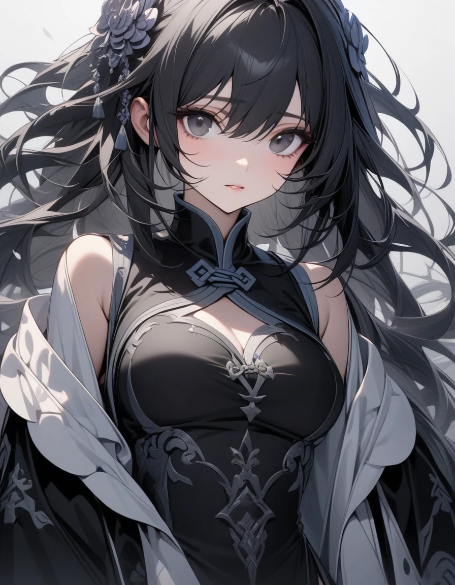 Intellectual elder sister,Black long hair,Black chest binding,Chinese style,Beautiful black eyes,Extremely detailed,high resolution,Simple background