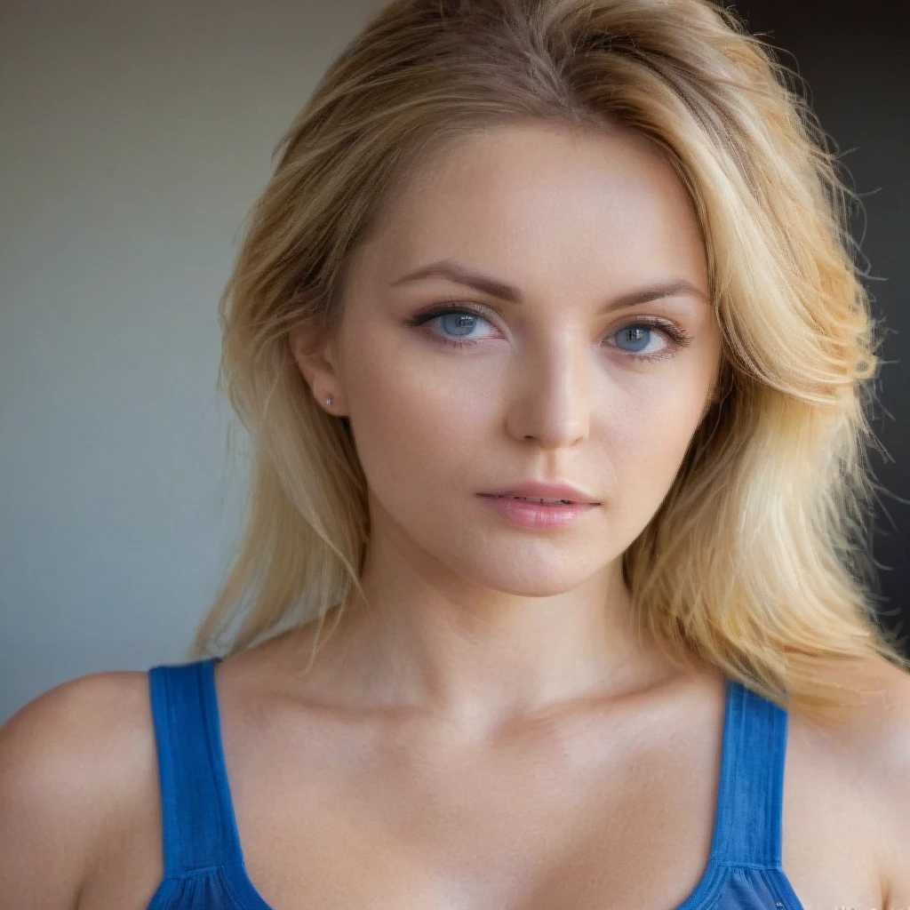 a face of women, she have 36 years old, she have a light strabismus, she is face model worker, somes light wrinkled, is haircut is long blond ondullé