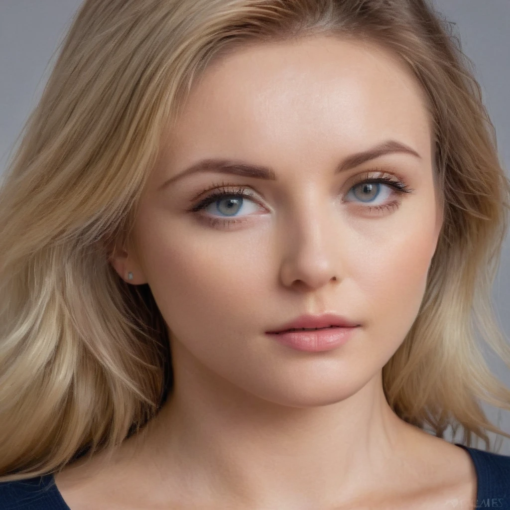 a face of women, she have 36 years old, she have a light strabismus, she is face model worker, somes light wrinkled, is haircut is long blond ondullé