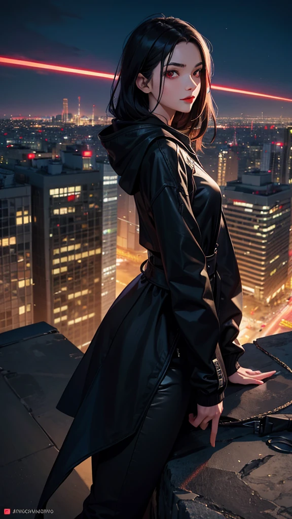 最high resolution,high resolution,Legendary Assassin, Beautiful Teenage Woman,Small breasts,black hooded coat , Grey Shirt,Black pants,Fearless smile, Red lips, Black Hair, Red eyes, realism, Night city view from the top of a skyscraper,Neon Town,Digital Painting, Concept Art, Smooth, Sharp focus, Three-part method, Style Psycho,Detailed Eyes,assassin's creed