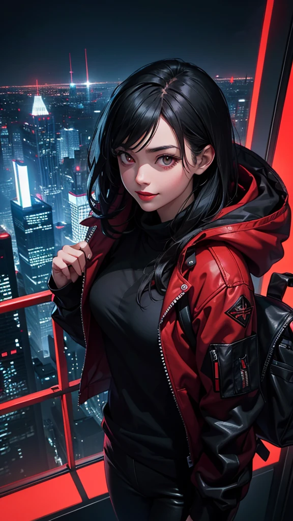 最high resolution,high resolution,Legendary Assassin, Beautiful Teenage Woman,Small breasts,black hooded coat , Grey Shirt,Black pants,Fearless smile, Red lips, Black Hair, Red eyes, realism, Night city view from the top of a skyscraper,Neon Town,Digital Painting, Concept Art, Smooth, Sharp focus, Three-part method, Style Psycho,Detailed Eyes,assassin's creed