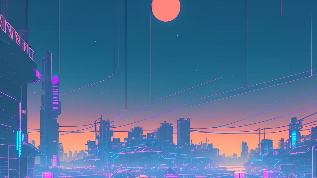 (nvinkpunk:1.2) SNTHWVE STYLE ,Streetscape、Light Wave, sunset, Complex, Very detailed