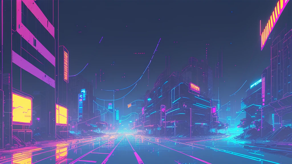 (nvinkpunk:1.2) SNTHWVE STYLE ,Streetscape、Light Wave, sunset, Complex, Very detailed
