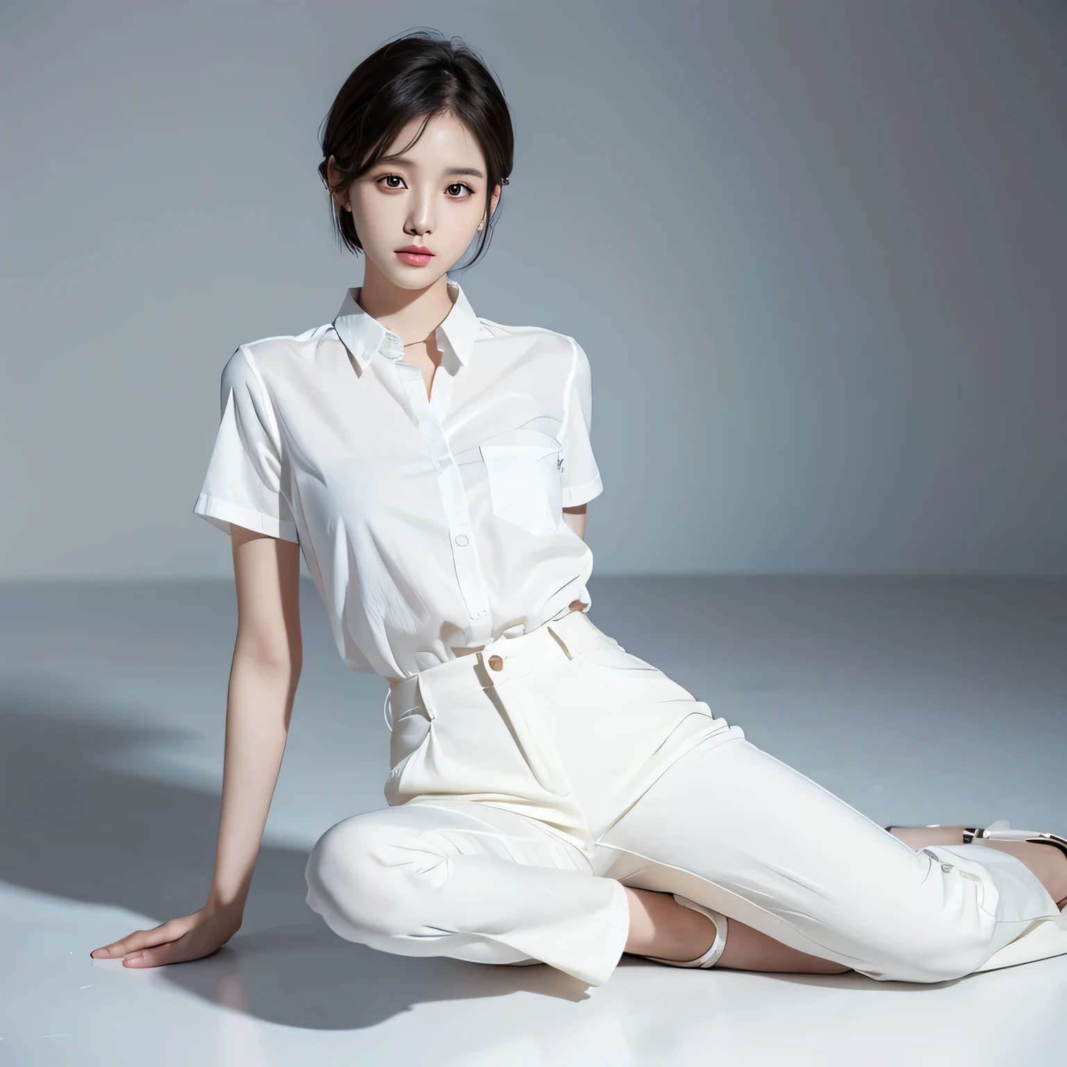 beautiful Korean woman, white shirt, short hair, wearing trousers, full body, detailed, realistic,
