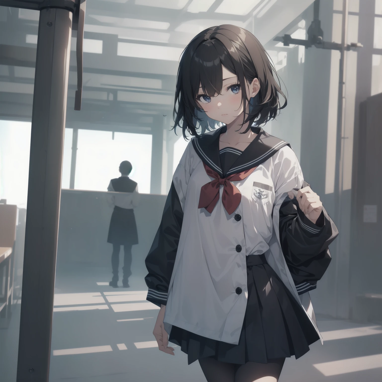 ultra-absurdres-Top quality by artist God, ultra-detailed, high resolution, anime moe artstyle, best anime 8k konachan wallpaper, pixiv contest winner, pool:2810, perfect anatomy,break, 1girl, (Please draw a girl walking sleepily to school alone. )break,(Solo,little female, 13-year-old:1.3),Full limbs, complete fingers,a junior high school student, (very short hair), short cut, flat chest, , small butt, small black eyes, beautiful detailed eyes, well-proportioned iris and pupils, expressive eyes, highres detailed hair, soft expression, salor school_uniform, sailor collar, serahuku, bow, pleated skirt,(Detailed Lighting), (Detailed background), in the School commute route. break,super detailed skin, Best cinematic lighting powered by famous artist, 8k,beauty illustration,photoshop_(medium),very aesthetic,break,((artist:sincos )), artist:clamp ,artist:carnelian ,artist:kantoku ,