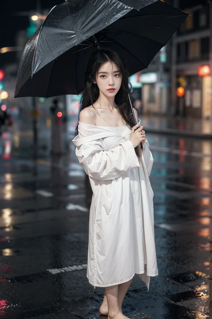 (((best quality))),(((ultra detailed))),(((masterpiece))),illustration,1girl, young,solo, slim,thin,shoulder length straight hair,small breasts,flat chest,standing,rainy night, heavy rain, drenched clothes, melancholy expression, solitude, tear rolling down cheek, wet hair, empty streets, dimly lit, deserted environment, sound of rain, footsteps, discarded umbrella on the ground, symbol of hope, abandoned, resilience, determination, walking in rain, heartbreak, loss, love fading, loneliness, body language, facial expression, dreary atmosphere, rain-soaked streets, somber mood, viewer engagement,full body