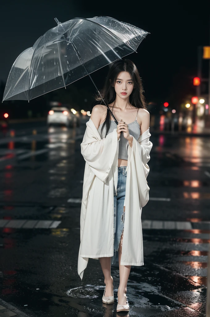 (((best quality))),(((ultra detailed))),(((masterpiece))),illustration,1girl, young,solo, slim,thin,shoulder length straight hair,small breasts,flat chest,standing,rainy night, heavy rain, drenched clothes, melancholy expression, solitude, tear rolling down cheek, wet hair, empty streets, dimly lit, deserted environment, sound of rain, footsteps, discarded umbrella on the ground, symbol of hope, abandoned, resilience, determination, walking in rain, heartbreak, loss, love fading, loneliness, body language, facial expression, dreary atmosphere, rain-soaked streets, somber mood, viewer engagement,full body