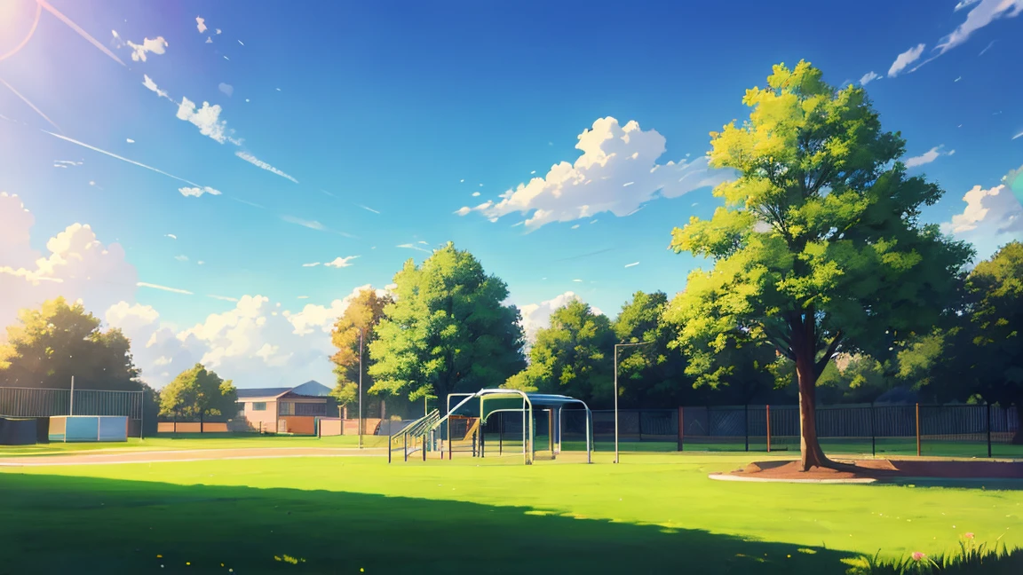 Cartoony bright day sky scene with green grass in background and empty playground in the distance 
