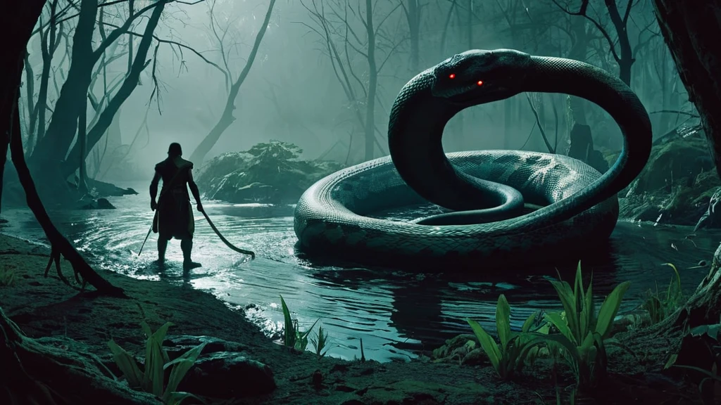 snake with human body creature in the dark swamp
