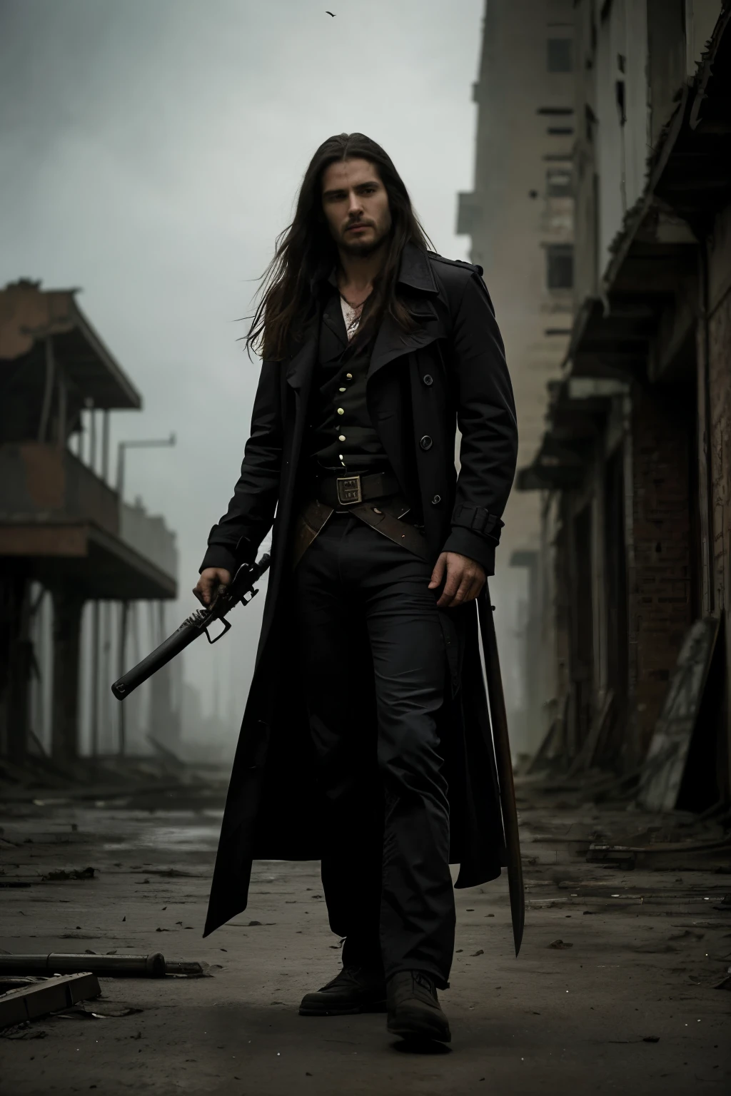 A long-haired man wearing a trenchcoat and carrying a sword on his shoulder. He's also holding an automatic machine gun. In the background, there are dilapidated buildings, creating a desolate atmosphere. At his feet, there's a vampire skull, adding to the scene's eerie vibe, set in what appears to be a school environment.