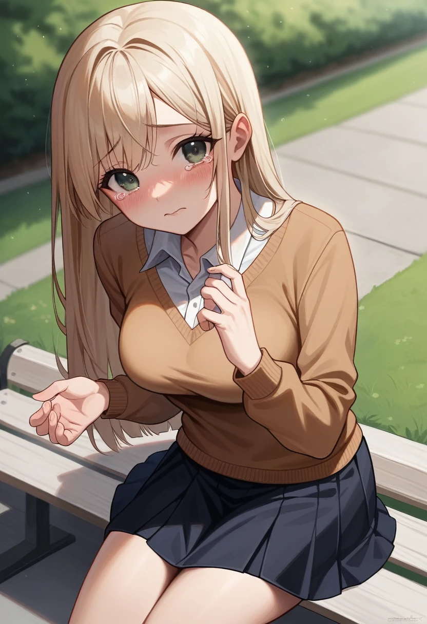 (A girl:1.3), pose sexy, The body is thin,
(realisitic:1.4), (work of art, highest quallity, highest quallity, offcial art), very detailled, More Detailed, (super verbose), ((Very delicate and beautiful)), cinematic light, (realisitically:1.3),
(highly detailed skin:1.2), high resolution, 8K UHD, 4K, 8K, bokeh,
Single Lens Reflex Digital Camera, absurdrez, Ideal Ratio of Four Fingers to One Thumb,
Wood々In a park with,sitting on a bench,
((long silky hair)), (chestnut hair), tears,
beautiful face, face perfect, highly detailed beautiful face,
cute, shy,blush,
dynamic angle, From above,See your viewers,
wearing a brown sweater,overskirt