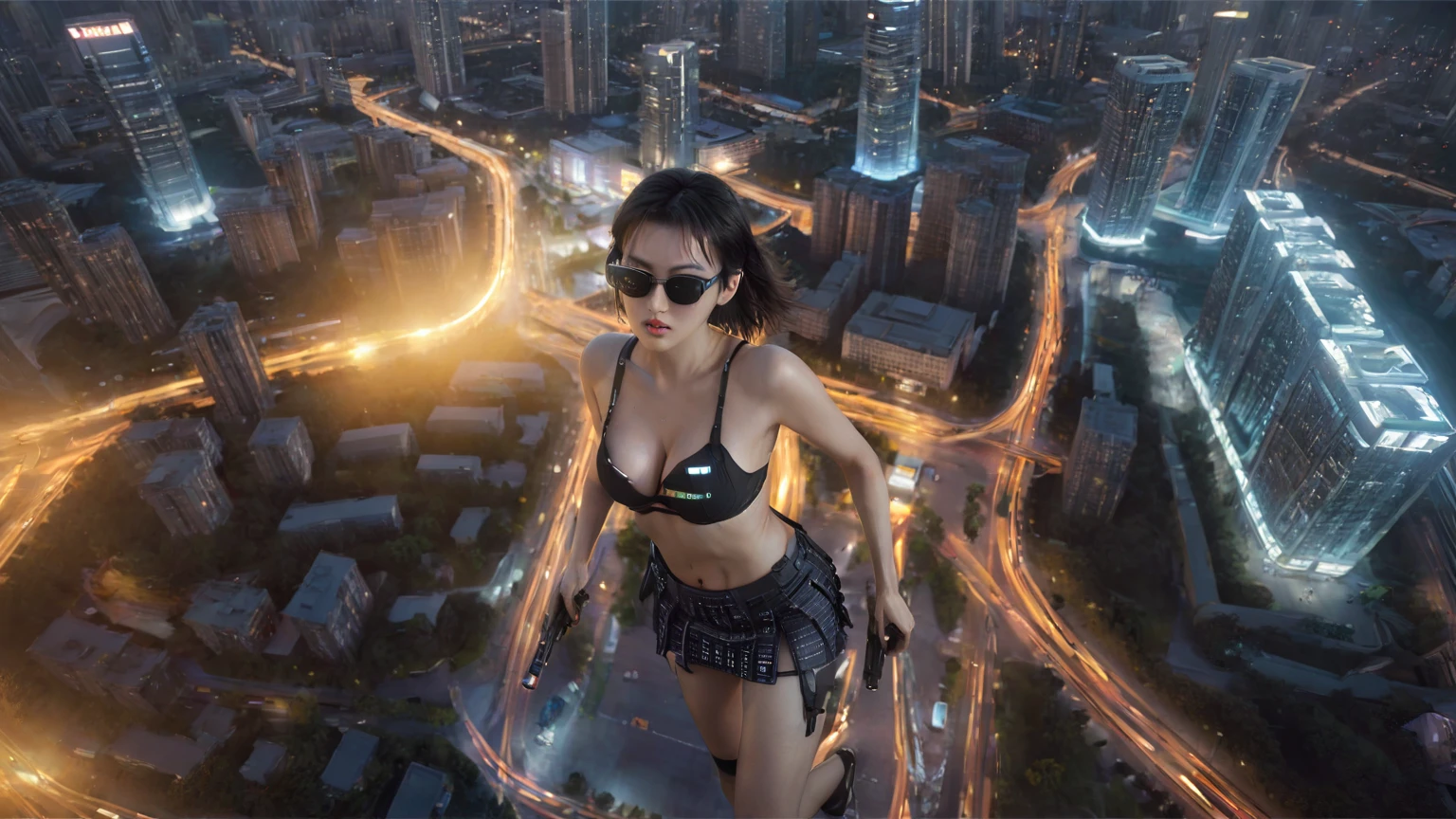 UE 5, computer render, Rendered by Octane, (8K, tmasterpiece), (realistically, Photo degree:1) luminescent concept art, (((((aerial view))))) of Cyberpunk city scene, ((Surreal circuit architecture)), (((((supercars street racing, 1 drone))))). Matrix style, (((((Matrix cascading code))))), (((((a futuristic twin tower skyscraper with a unique twisted design))))), (((((OLED GUI interfaces in the building))))), at night, (((((1girl, solo))))), photo realistic, (((large-breast:1.3 slim body, cleavage))), (((off torn mini matrix-code sling-shirt and black sling bra, extreamly short pleated matrix-code miniskirt exposing panty))), (((((running pose))))), (((((((matrix style black micro sunglasses))))))), ((((((((((aiming with a short gun)))))))))), (((((looking at camera))))), (((very low view))), (((((half-body thigh level medium shot))))), (((cinematic lighting))).