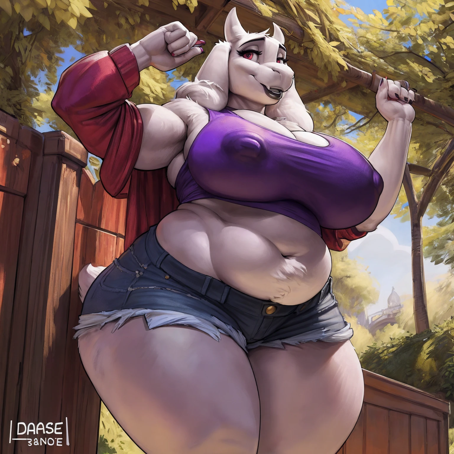 by darkgem, by duase, by kevinsano, by bng, solo, 1girl, toriel, maroon eyes, female, older woman, furry body, chubby, heavyset, broad shoulders, wide body, thick thighs, big arms, (huge breasts:1.1), heavy breasts, nipple outline, highly detailed eye, (black pupil:1.3), milf, tank top, (bare midriff:1.3), cleavage, large areolae, denim cutoffs, visible thong straps, Masterpiece, best quality, absurd res, highly detailed, cleanly drawn eyes, park environment, standing upright, cute smile, big bottom lip, black lipstick, casual posture,