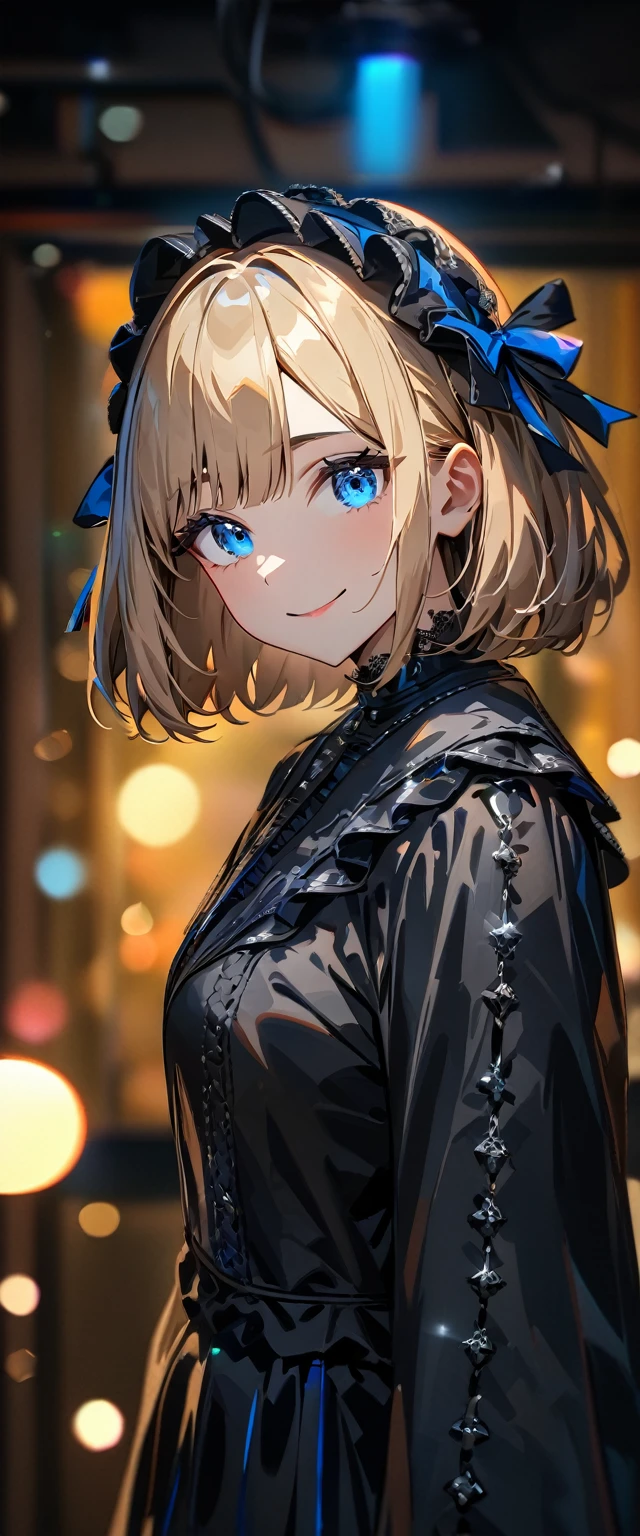 (((One girl))), Shibuya, blond hair, bob cut, (looking at viewer), upper body, breasts, teenager, head tilt:1.3, (((blue eye))), constricted pupils, (from side:1.3), ((happy smile)), (((gothic lolita:1.3))), hair ornament, hair ribbon, anime style, (best quality, 4k, 8k, highres, masterpiece:1.2, ultra-detailed, ultra-detailed eyes, HDR, UHD, studio lighting, ultra-fine painting, sharp focus, physically-based rendering, extreme detail description, professional, vivid colors, bokeh)
