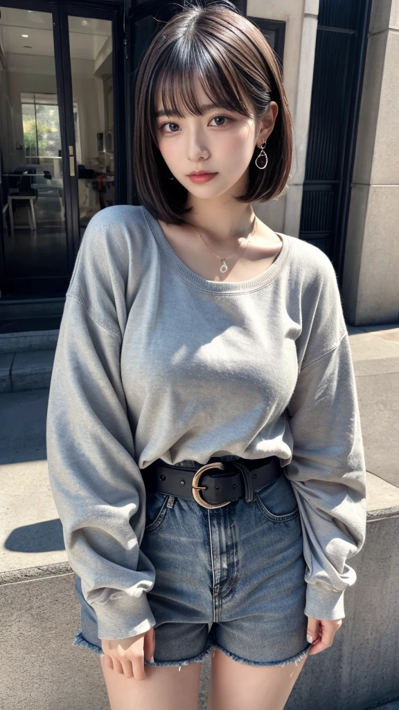 masterpiece, best quality, illustration, Super detailed, fine details, High resolution, 8K,wall paper, perfect dynamic composition, full body photo, leaning forward, crossed arms, (Details High quality, realistic depiction of eyes:1.3), 20 year old girl, Gravure Idol, cute type, large breasts, short bob hair, black hair color, Korean style makeup, Big Natural Color Lip, thick thighs, perfect body shape, plump figure, champion gray sweatshirt, denim short pants, Leather belt, necklace, earrings