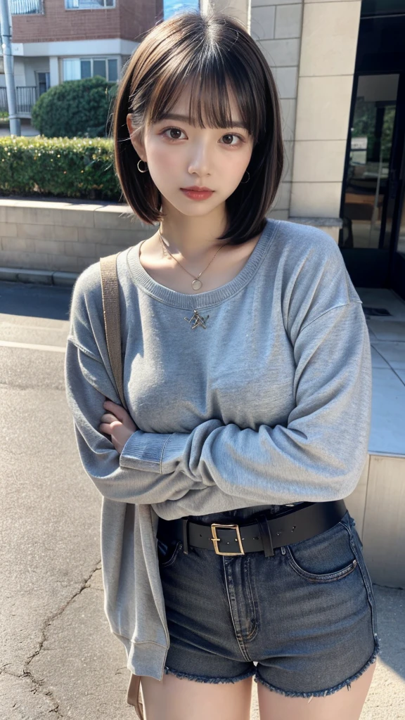 masterpiece, best quality, illustration, Super detailed, fine details, High resolution, 8K,wall paper, perfect dynamic composition, full body photo, leaning forward, crossed arms, (Details High quality, realistic depiction of eyes:1.3), 20 year old girl, Gravure Idol, cute type, large breasts, short bob hair, black hair color, Korean style makeup, Big Natural Color Lip, thick thighs, perfect body shape, plump figure, champion gray sweatshirt, denim short pants, Leather belt, necklace, earrings