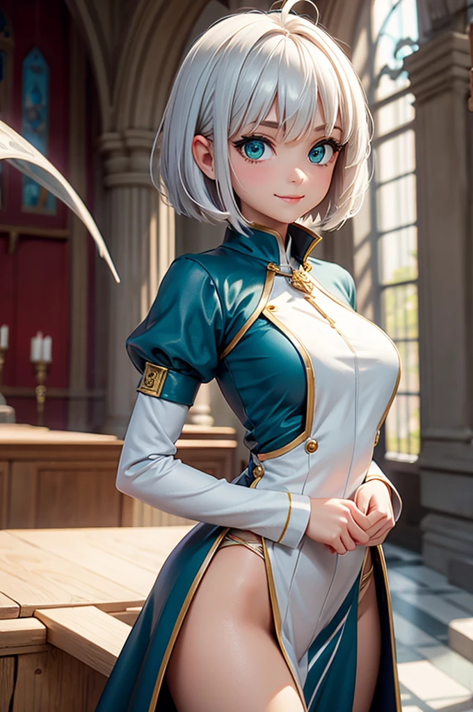 Perfect human body modeling, 1girl, beautiful girl, cute girl and idol face, young face, smile, short and bob cut hair, silver hair, ahoge, white shiny skin, beautiful green eyes, medium breasts, Western-style fantasy, RPG, church, Fantasy Monks, Blue priest's uniform, white priest's garb,