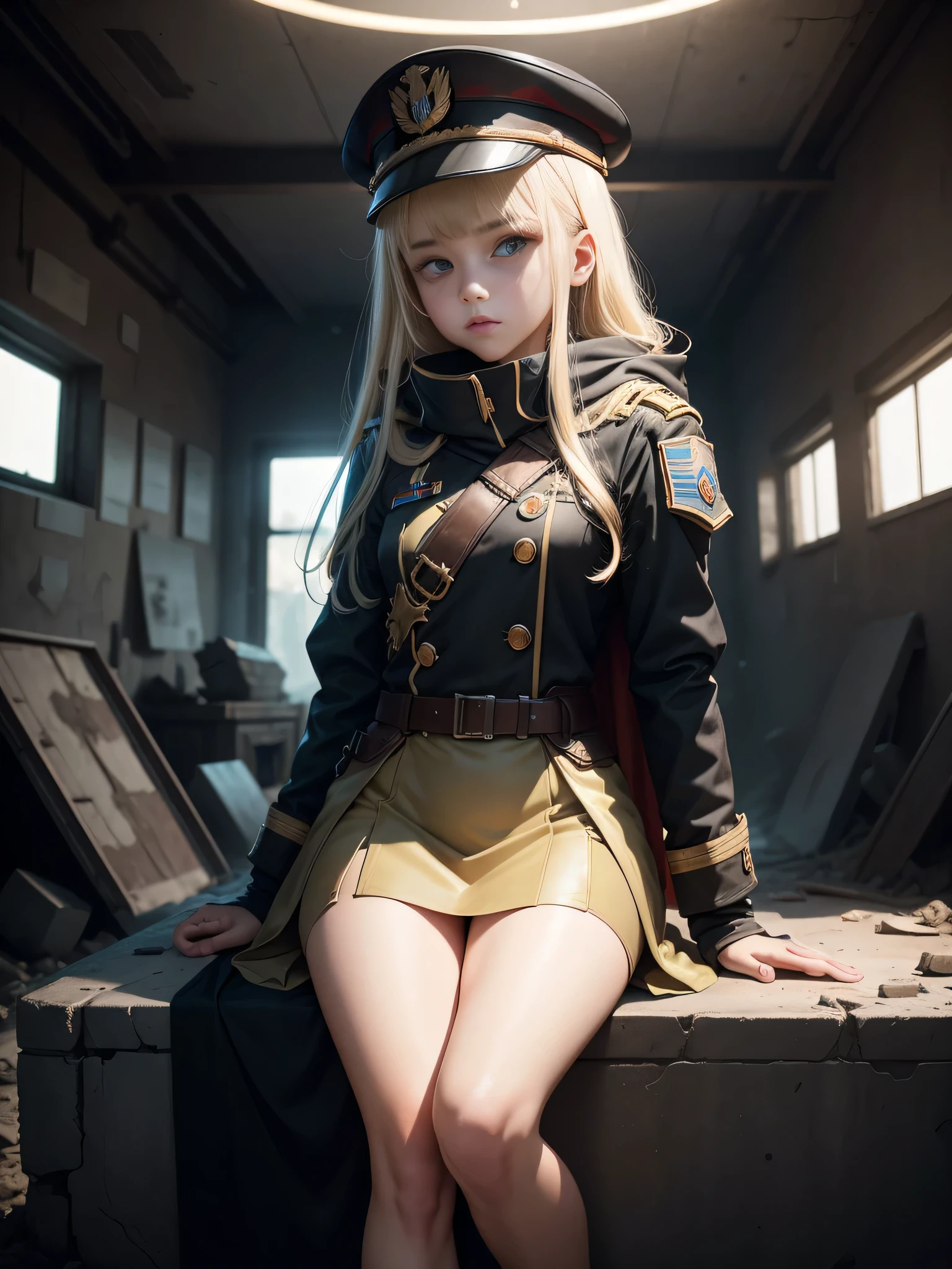 Destroyed towns,3 Ukrainian girls , Ukrainian anime girls , , Ukraine , Full body composition of young girl with messy bright blonde hair, eye make up, 13 year old, Soft lighting, Solo, Old torn dirty shabby futuristic military uniform, badges, Pose, Blotch color, Octane Render, Hyperrealistic intricate detail, Cinematic, 8K resolution, 70mm, Accent Lighting, Global Illumination, Full body portrait, clean detailed faces, intricate clothing, Cute face, flat chest, Slim waist, Slim legs, small hips,Major's uniform,Major's hat,Holding a handgun,Long jacket,Carrying a cloak,actionpose,Sitting in the General's Chair,