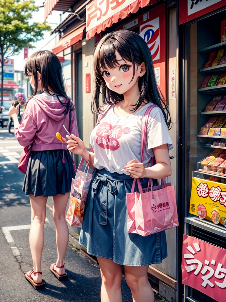 Highest quality,Highest Resolution,Children buying sweets at a Japanese candy store during summer vacation,