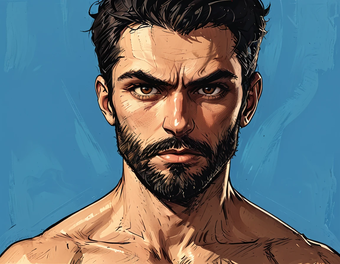 close up portrait Man turns around at dart blue background, looks to the side, head turned, Adult, Italian, Mesomorph Muscular body, perfect Olive skin, short Muscular neck, Rectangle faces, Attached  Cupped Symmetrical Ears, Low Forehead, black short combed back hair, Fleshy nose, Bold Tapered black Eyebrows, High Angular Symmetrical Prominent Cheekbones, Heart-Shaped Cheeks, triangular Chin, Angular jawline, brown Upturned eyes, Thin nude Lips, Designer Stubble black whiskers, triangular black hair beard, 

 graphic style of novel comics, 2d, 8k, hyperrealism, masterpiece, high resolution, best quality, ultra-detailed, super realistic, Hyperrealistic art, high-quality, ultra high res, highest detailed, lot of details, Extremely high-resolution details, incredibly lifelike, colourful, soft cinematic light,