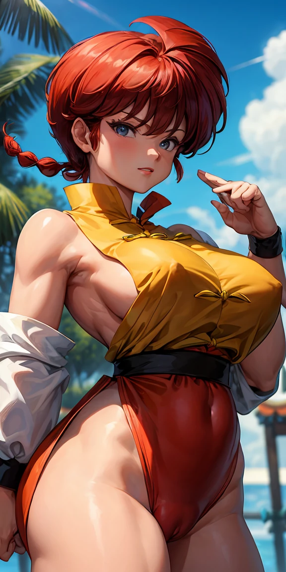 (topless:1.3),((masterpiece)), expensive quality, very_expensive_solve, big_file size, Full Color, Thick outline, Clear contours, colorful, (Beautiful attention to detail), (Beautiful Face:1.3), Boyish face, 1 Girl, (Ranma), (Redhead), short hair, (Braided Ponytail), ((bangs)), bumpy bangs, Blue-gray eyes, Big Breasts, Curvy, Black Wristband, Ranma, Braided Ponytail, Chinese clothing, No sleeve, Tangzhuang, Black trousers, Camel Toe, Are standing,