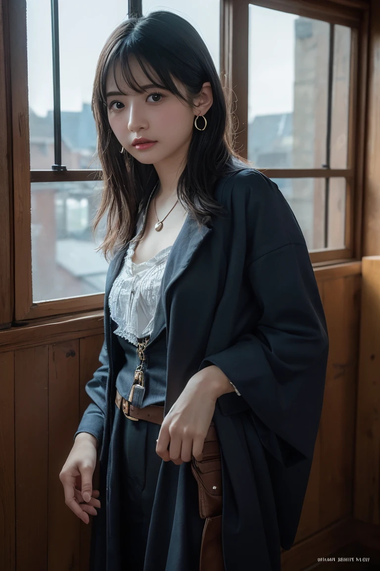 (Highest quality:1.4),(masterpiece:1.4),(Realistic:1.4),(Realistic:1.2),(超High resolution, RAW Photos:1.4),(High resolution, Ultra-detailed:1.2),(8K:1.2),View your viewers,Cinematic photography,One girl,skeletally correct，Black-haired woman，(Small earrings，necklace，Witch Cosplay，View from the front),（Western-style building interior，Dimly lit room，The lamplight shines on my cheeks）