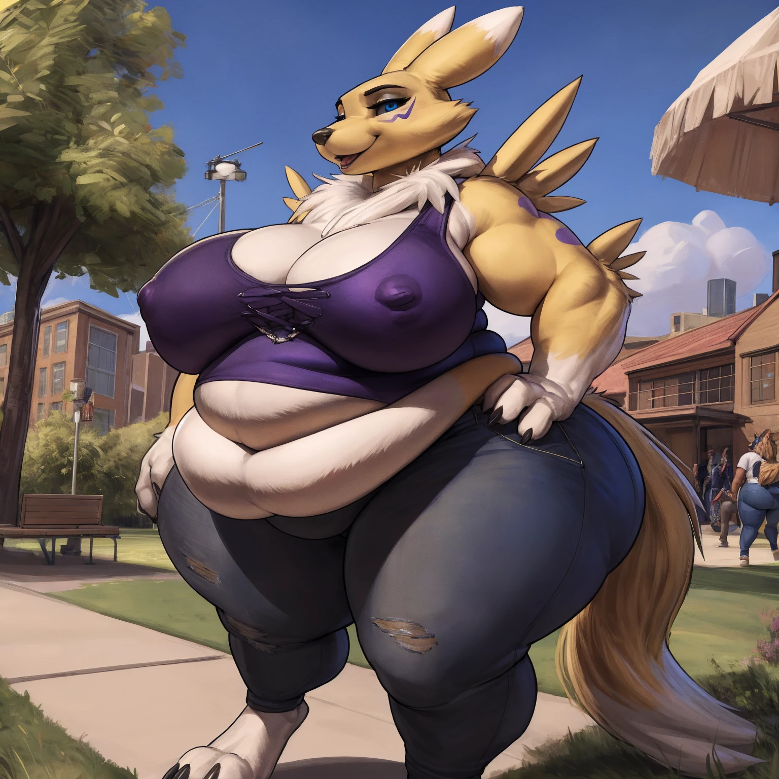 by darkgem, by duase, by kevinsano, renamon, digimon, anthro, female, older woman, furry body, wide body, bbw, chubby, (fat:1.6), (obese:1.3), big arms, (huge breasts:1.1), heavy breasts, nipple outline, highly detailed eyes, milf, tank top, bare midriff, cleavage, large areolae, blue jeans, lowrise jeans, bare midriff, visible thong straps, Masterpiece, best quality, absurd res, highly detailed, cleanly drawn eyes, park environment, cute smile, standing upright, casual posture,