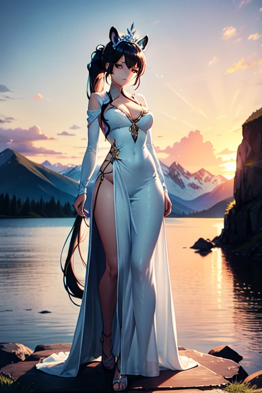 masterpiece, Highest quality, Perfect Anatomy, Perfect proportions, Long ponytail, An elegant, flowing dress, Perfect big round , Raccoon Ears, sunset, Mountain lakeside walk, Ice Queen,