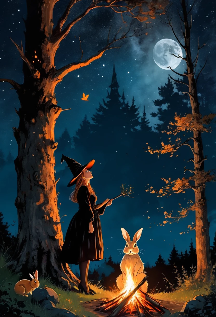 Highest quality Night Forest The witch looking up at the big tree Bonfire Break Two Rabbits