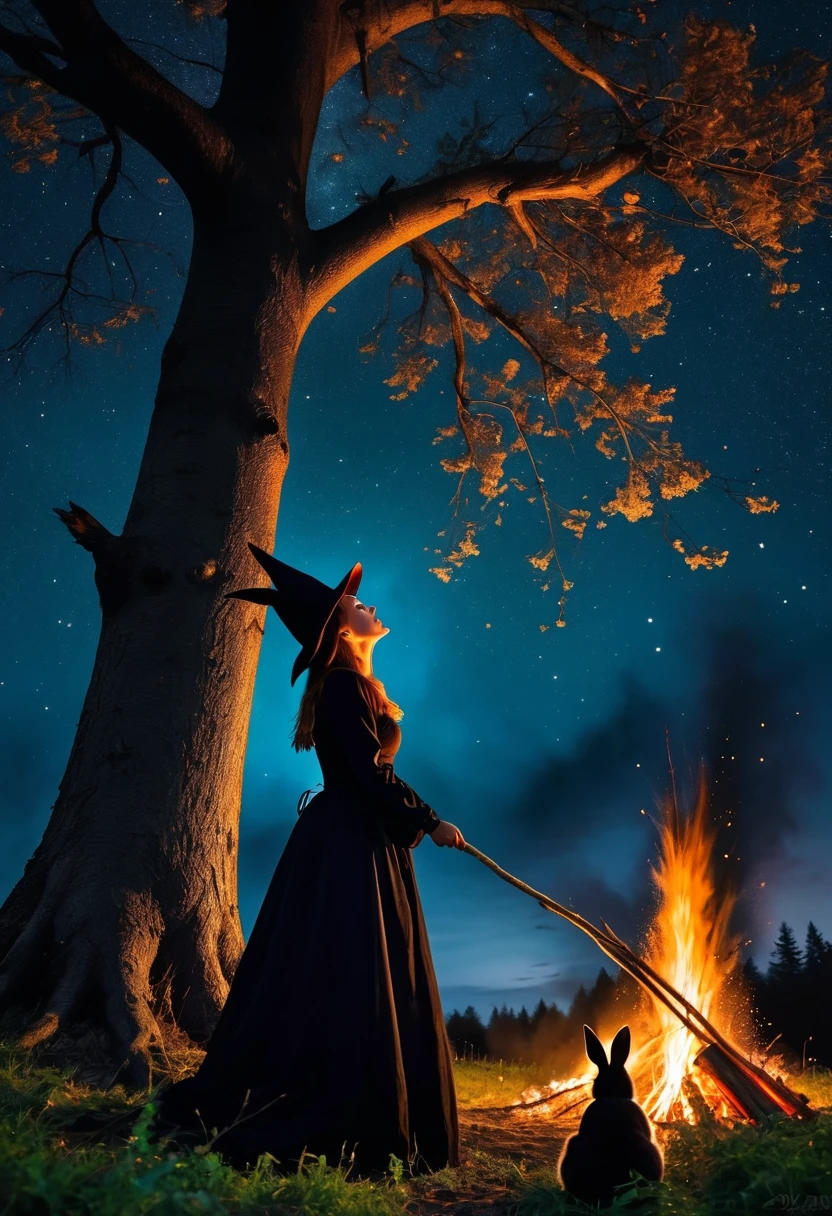 Highest quality　Night Forest　The witch looking up at the big tree　Bonfire　Break Two Rabbits