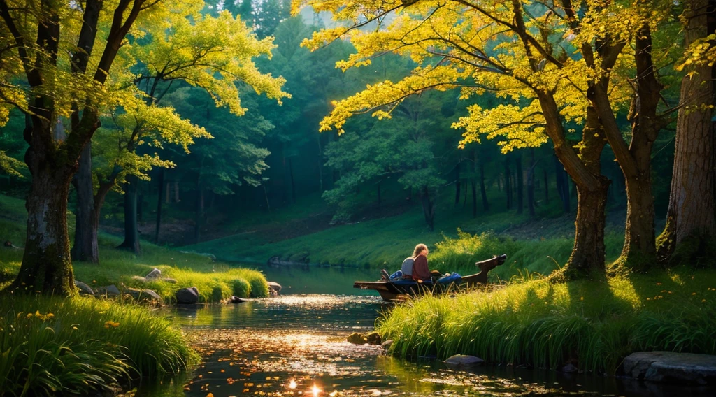 forest、evening、A stream flowysterious、You can see the starry sky、firefly、Beautiful small flower、Painting style、Cinematic、Cinematic、high resolution、8K。 