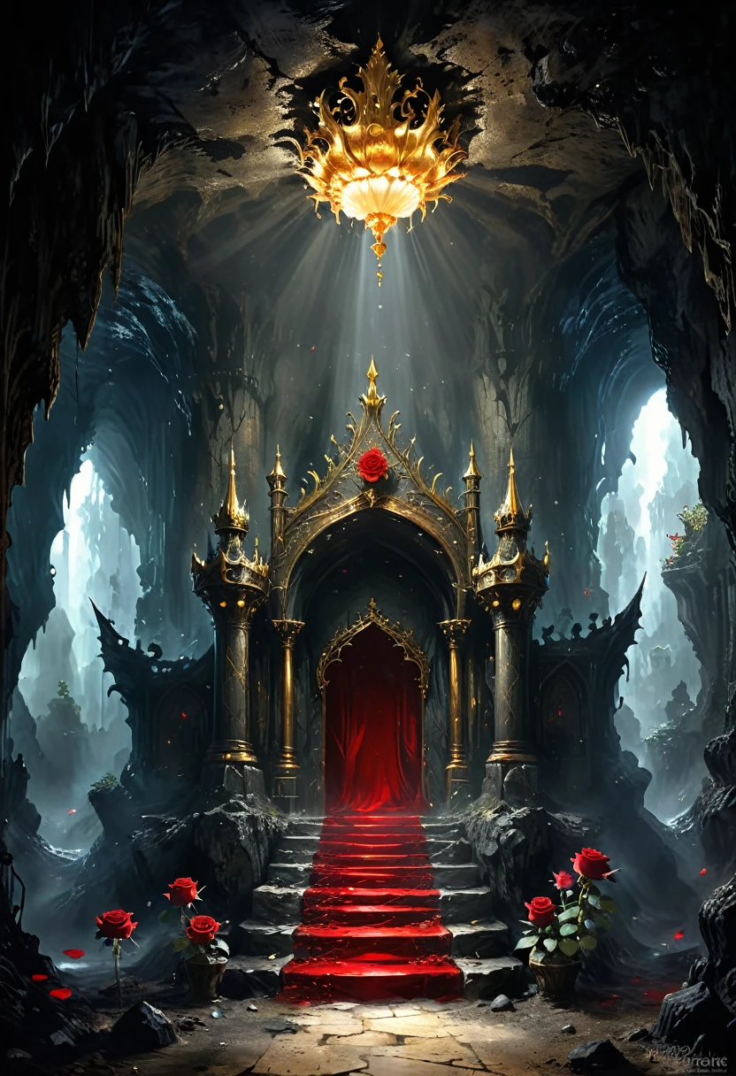 Cave,Underground Kingdom,Gothic style:High,(((throne:1.37,gem,gold))),Red rose,Dust,Majestic