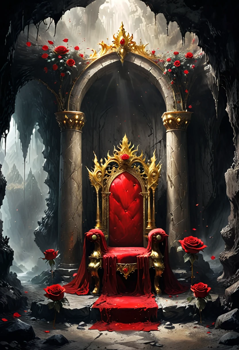Cave，Underground Kingdom，Gothic style：High，(((throne：1.37，gem，gold)))，Red rose，Dust，Majestic