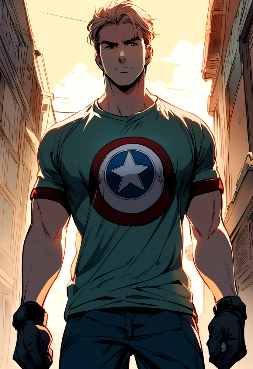 "A detailed illustration of Chris Evans as Captain America wearing a t-shirt, Olhando para o horizonte."